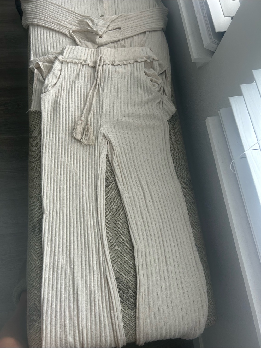 Boho Lounge Set, Cream Ribbed Button-Down Top — Women’s Relaxed Button Shirt
